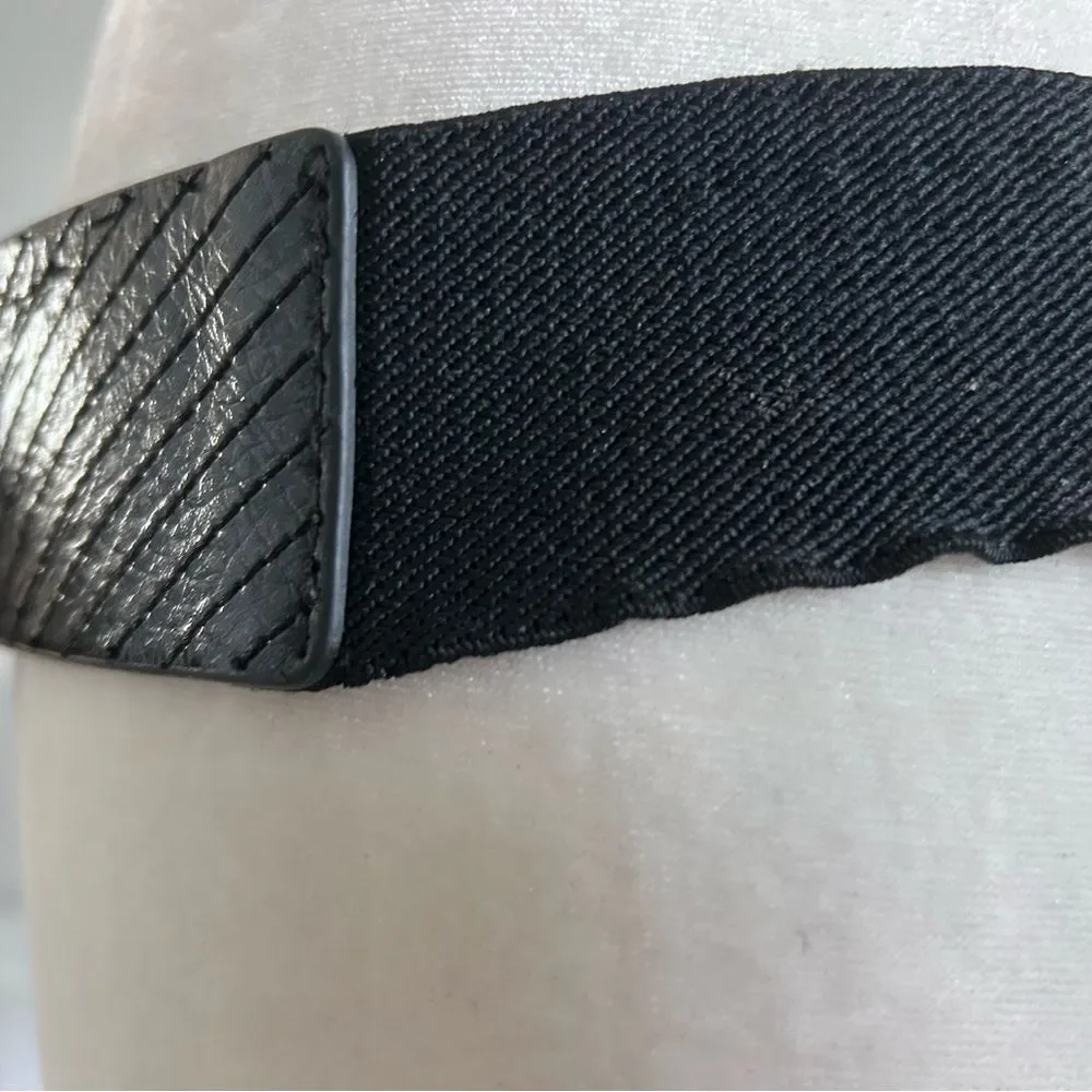 Black Wide Stretch Belt with Silver Statement Buckle Textured Faux Leather